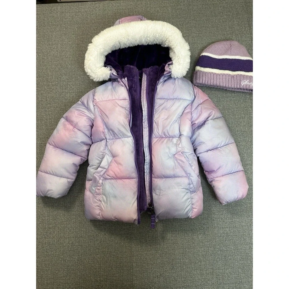 Snozu Girls Purple Pink Hooded Faux Fur Trim Quilted Puffer Snow Jacket Size 5T